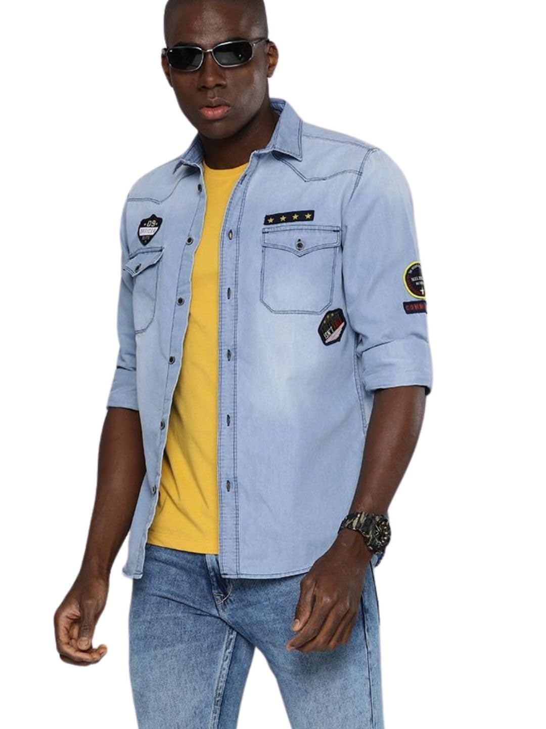 The Indian Garage Co Men Light Blue Solid Slim Fit Casual Denim Shirt