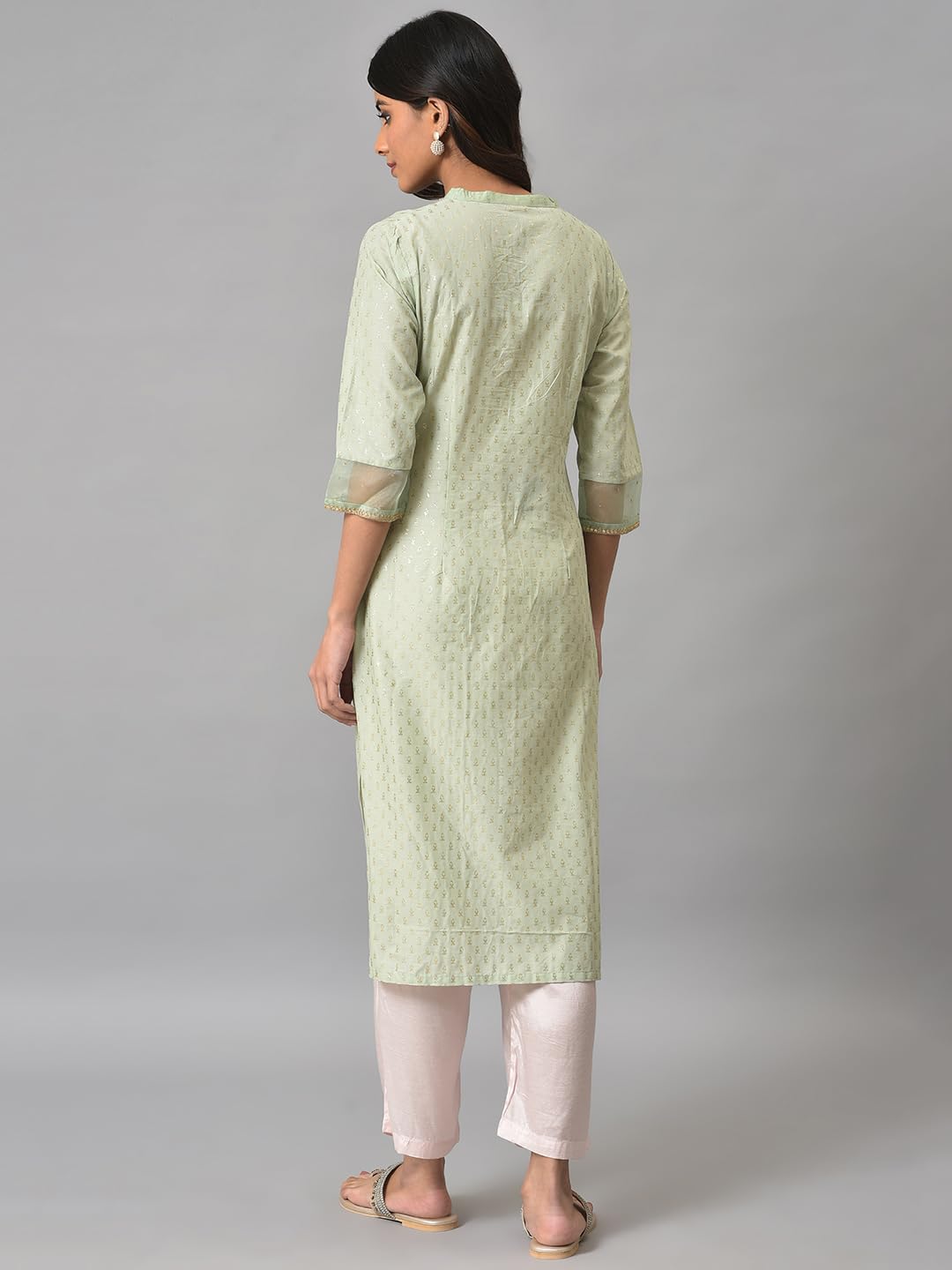 W for Woman Light Green Embroidered Kurta in Round Neck