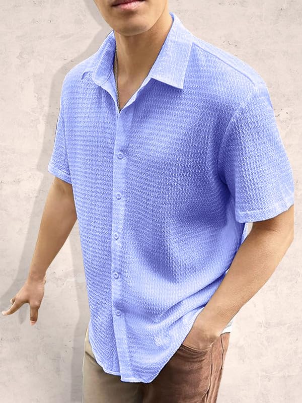 Tee Projekt Mens Popcorn Shirt Texture Pattern Mens Casual Shirt Half Sleeves Goa Beach Summer Shirt Aqua Blue