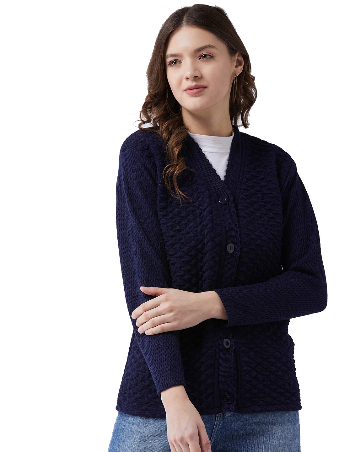 Pivl Womens Blended V-Neck Cardigan Sweater (PV502_Navy
