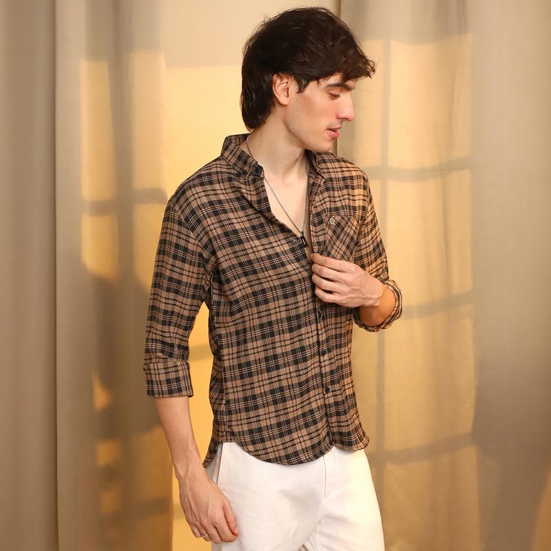 Campus Sutra Mens Tan Brown & Charcoal Black Tartan Plaid Shirt | Casual Wear | Spread Collar | Long Sleeve | Button Closure |