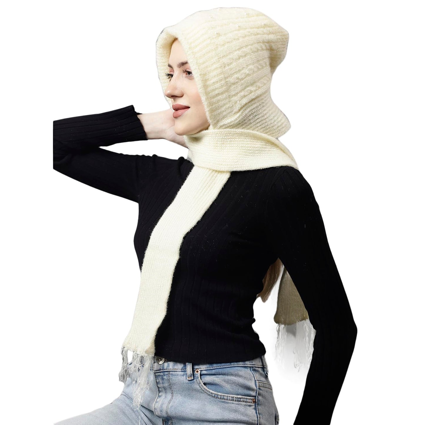 Set of Weavers Villa Snow Proof Inside Fur Acro Wool Unisex Cap with Attached Neck Warmer Muffler Thick Fleece Lined Winter Cap