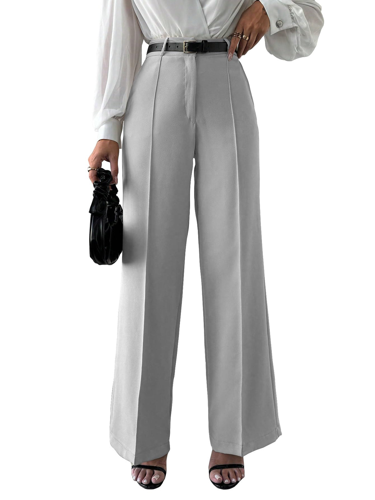 Shasmi Womens Solid Light Grey Color High Waist, Wide Straight-Leg Loose Fit, Front Button Closure, Simple Daily Casual Long Pa