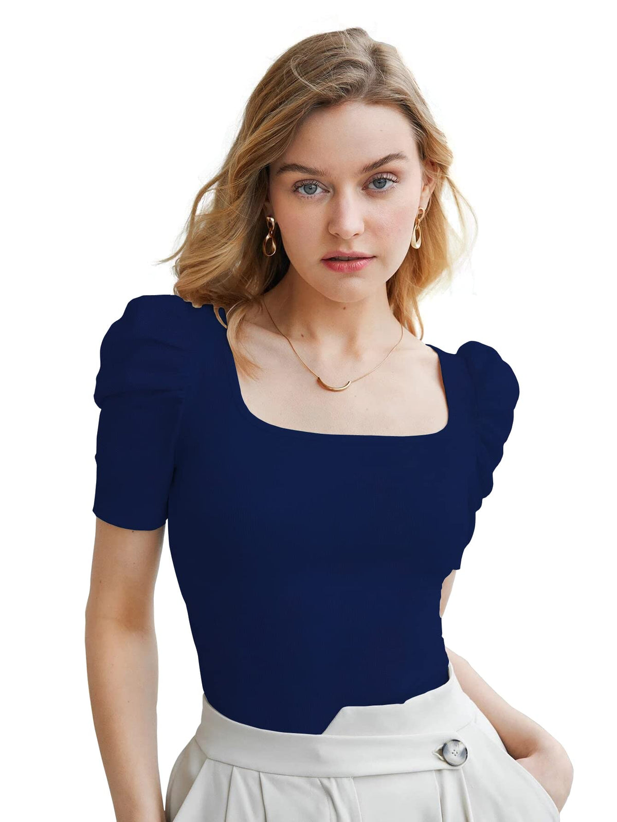 Shasmi Womens Blue Pleated High Neck Short Puff Sleeve Ruched Bust Solid Tops for Women/Tops for Girls (Shree Top 22 Navy Blue