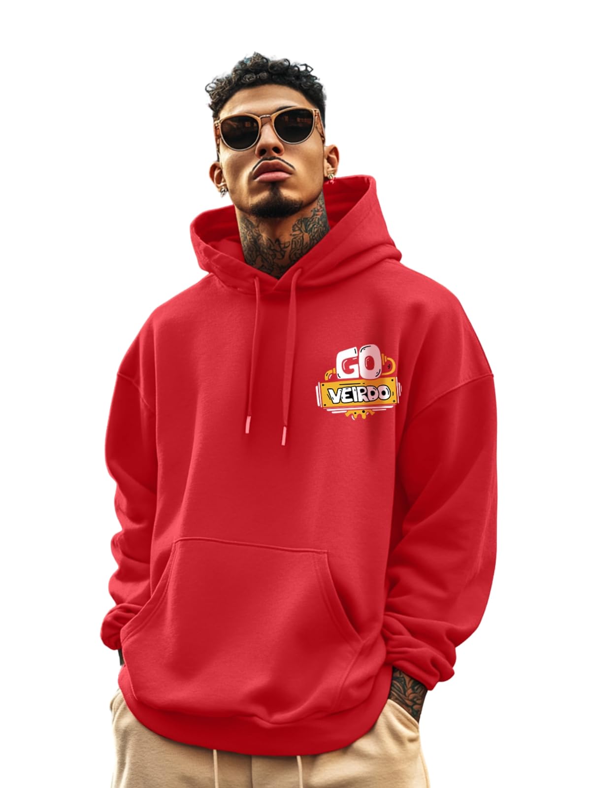 Veirdo Mens Cotton Poly Fleece Oversized Fit Magenta Graphic Hoodie