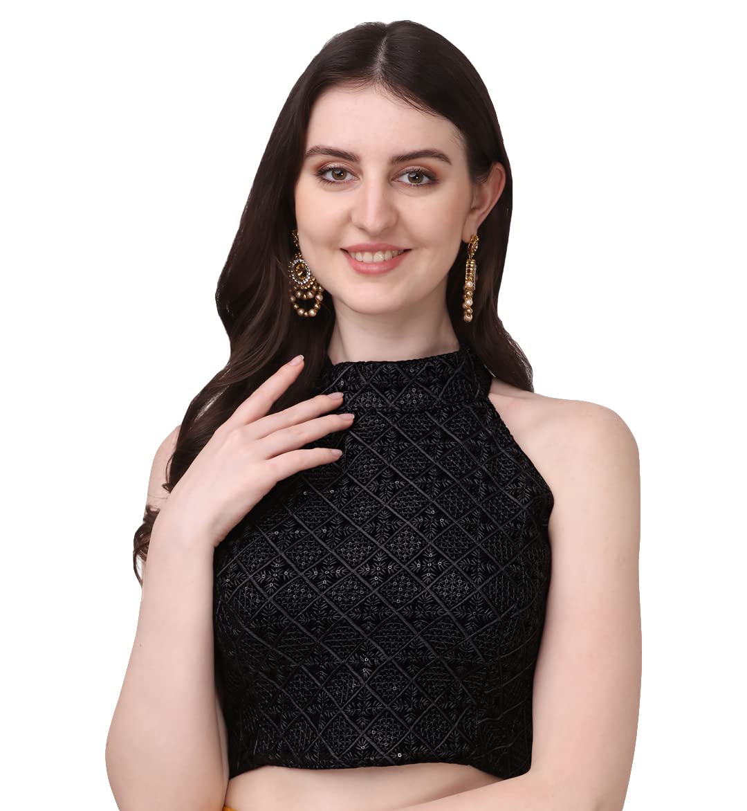 Pujia Mills WomenS Black Sleeveless Blouse For Women Halter Neck Chickenkari Sequins Work Readymade Saree Blouse (Diamond Halte