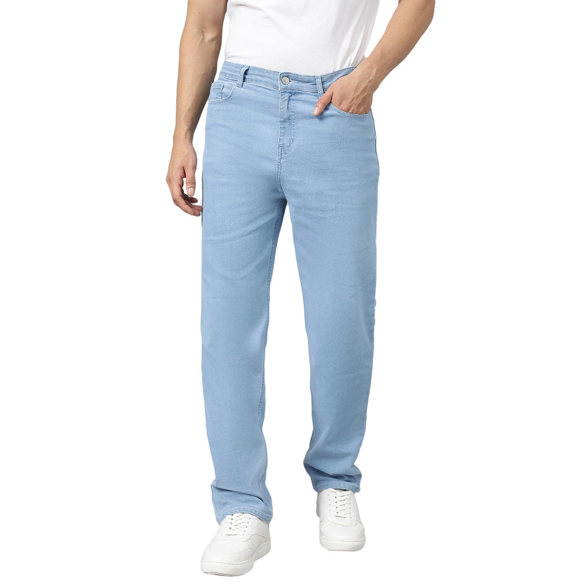 KOTTY Mens Cotton Lycra Blend Relaxed Fit Mid Rise Jeans Light Blue