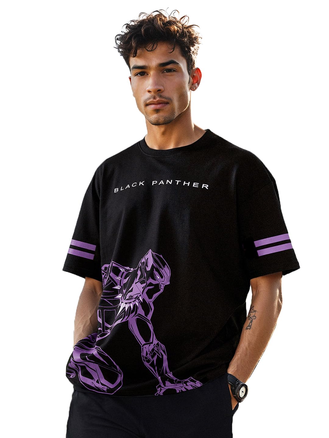 The Souled Store Mens Loose T-Shirt (190215_Black Oversized T Shirts for Men Baggy Off-Shoulder Loose Fit Relaxed Drop Shoulder