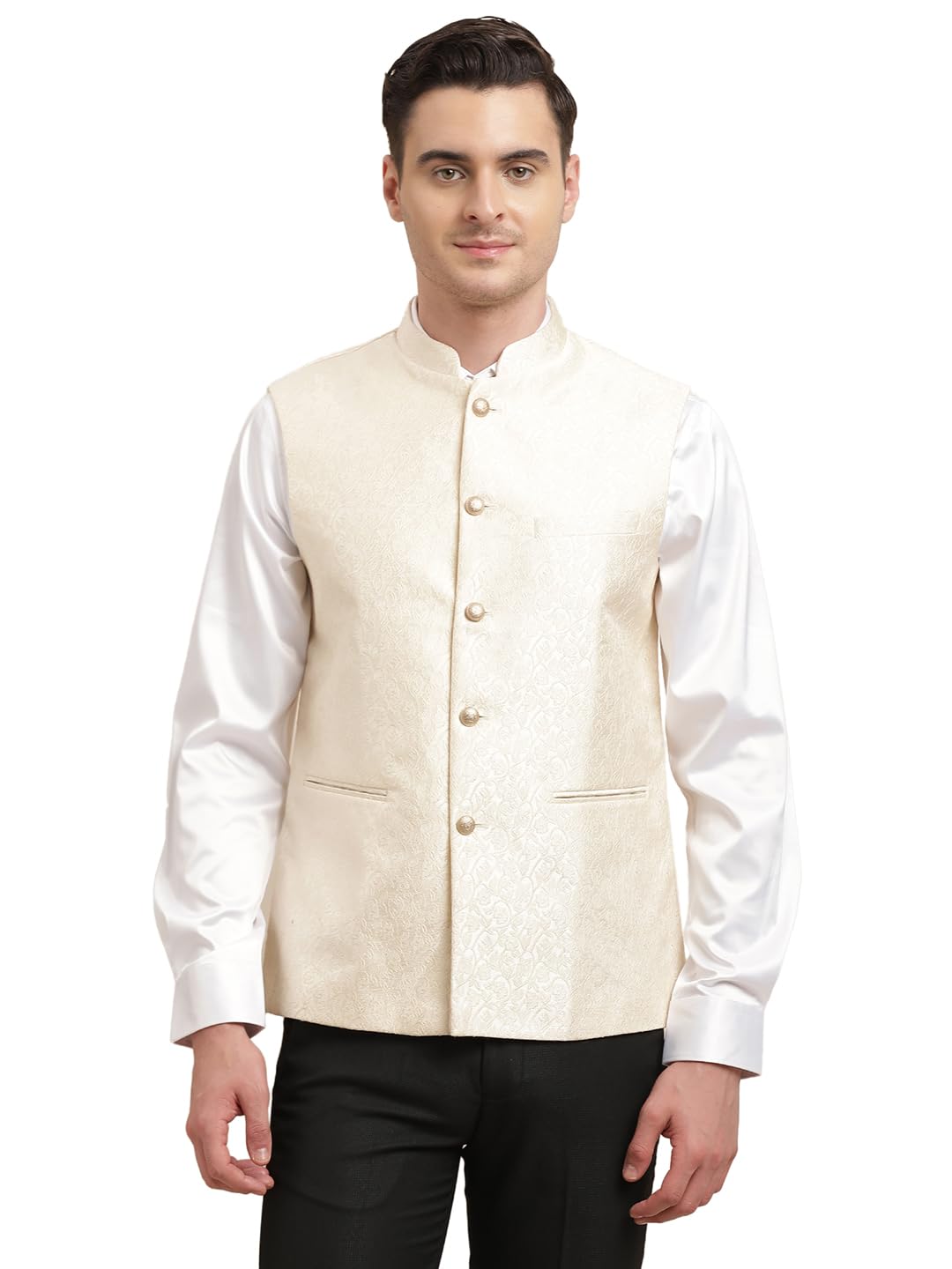 Turtle Men Terry Rayon Beige Printed Nehru Jacket