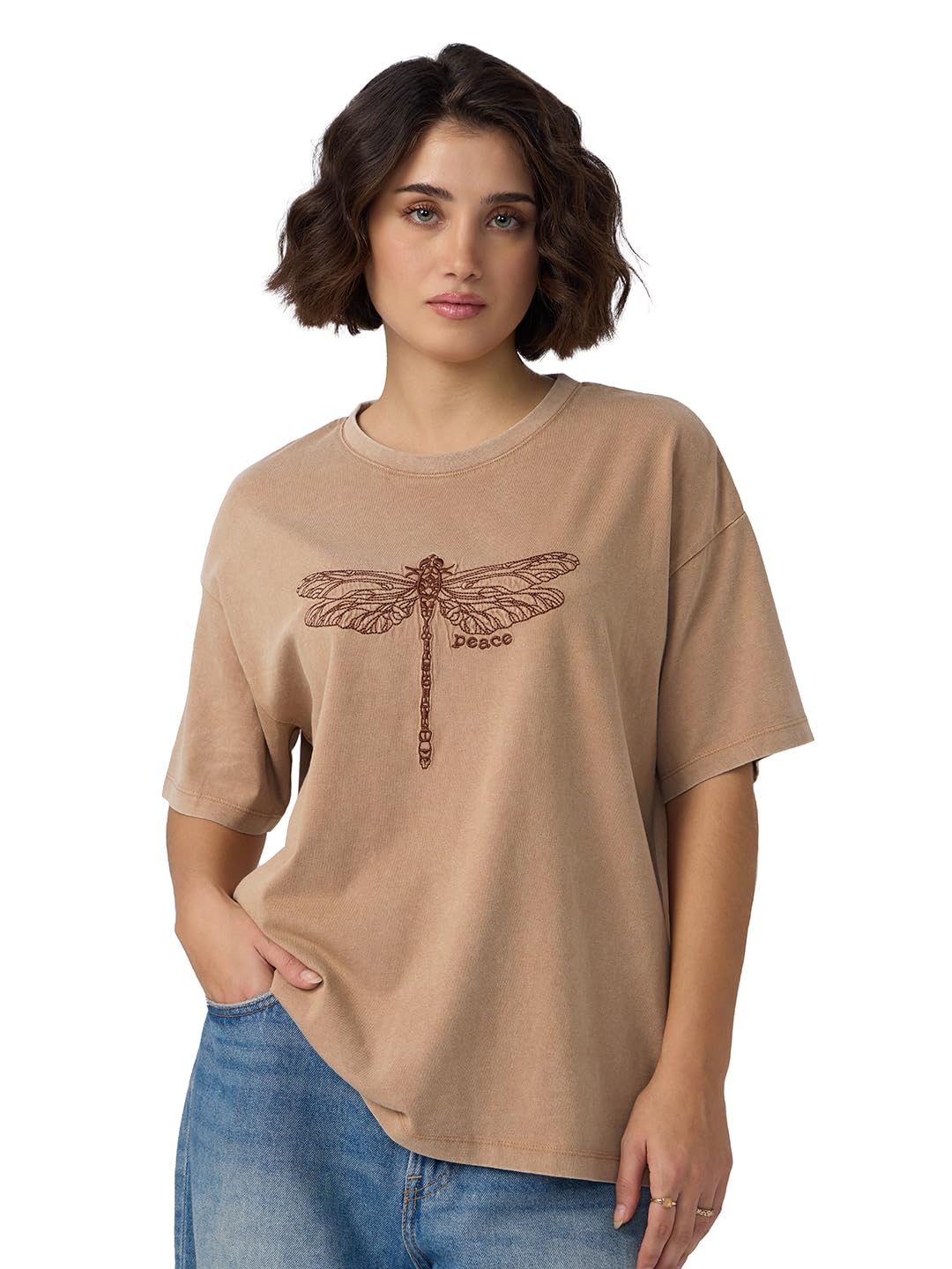 The Souled Store Dragonfly Peace Women and Girls Short Sleeves Round Neck Brown Embroidered Cotton Oversized T-Shirts