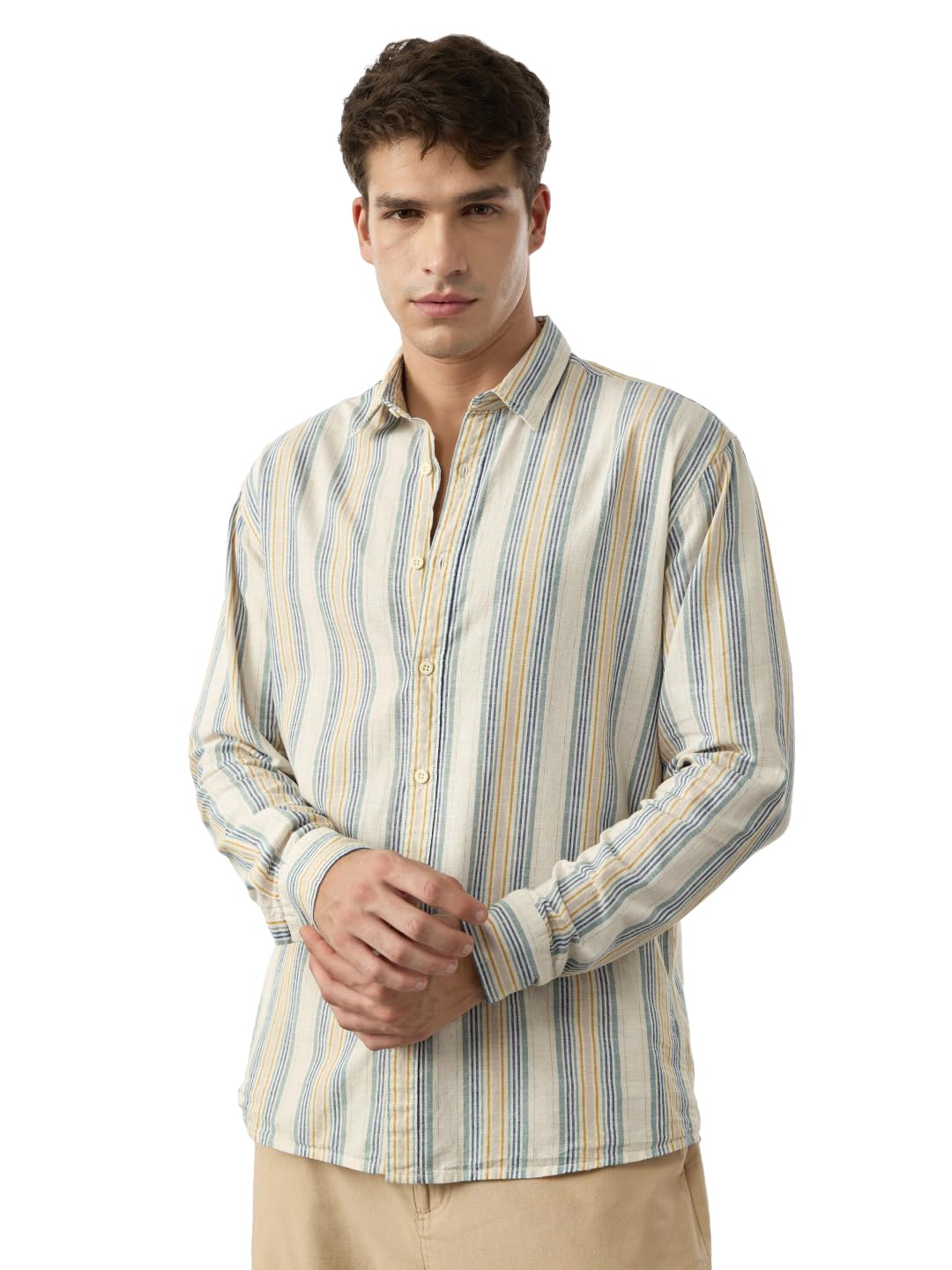 The Souled Store Cotton Linen Stripes: Sundown Men and Boys Long Sleeve Collared Neck Button Front Multicolor Stripes Regular Fi