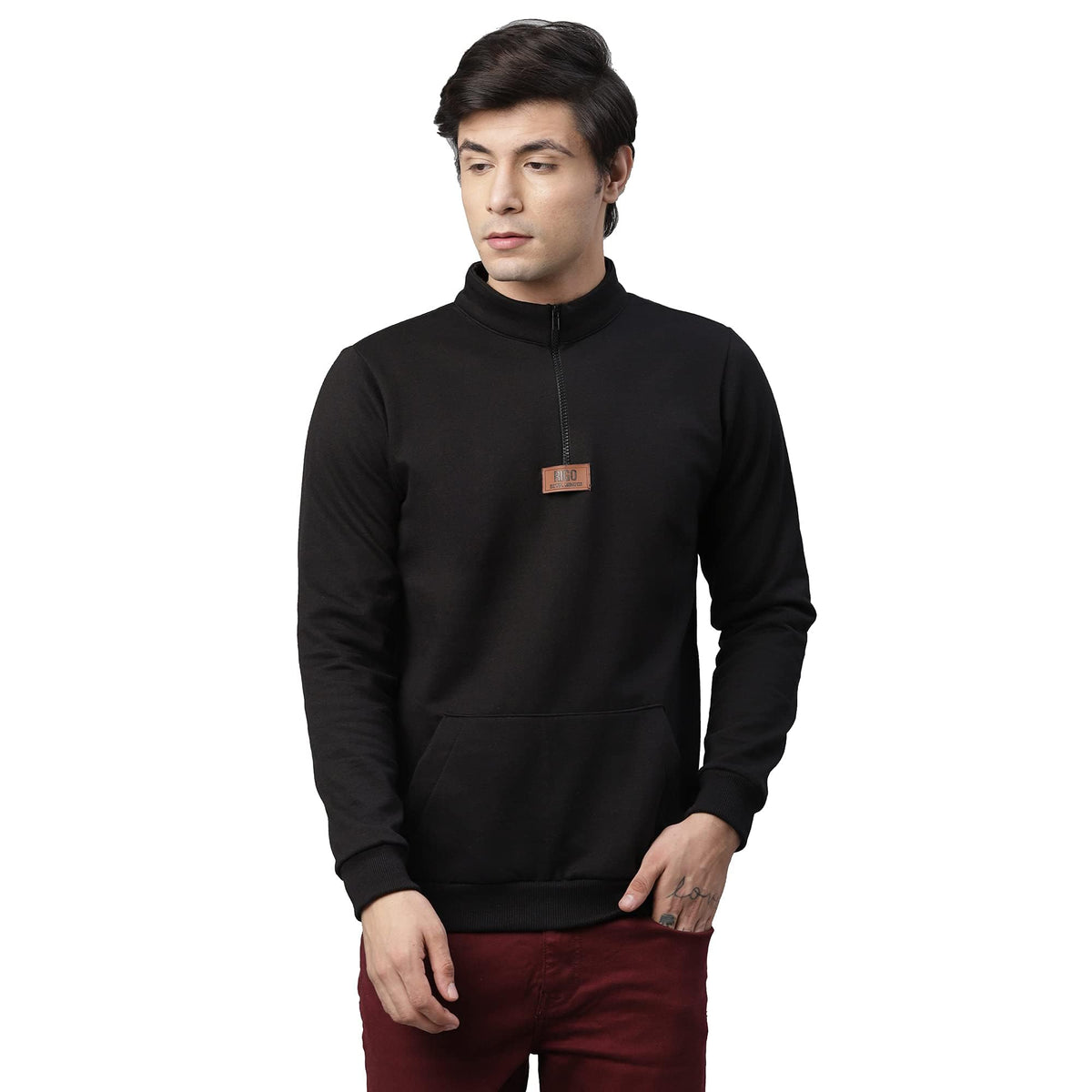 RIGO Mens Black Solid Full Sleeves High Neck Half-Zip Stand Collar Cotton Fleece Sweatshirt