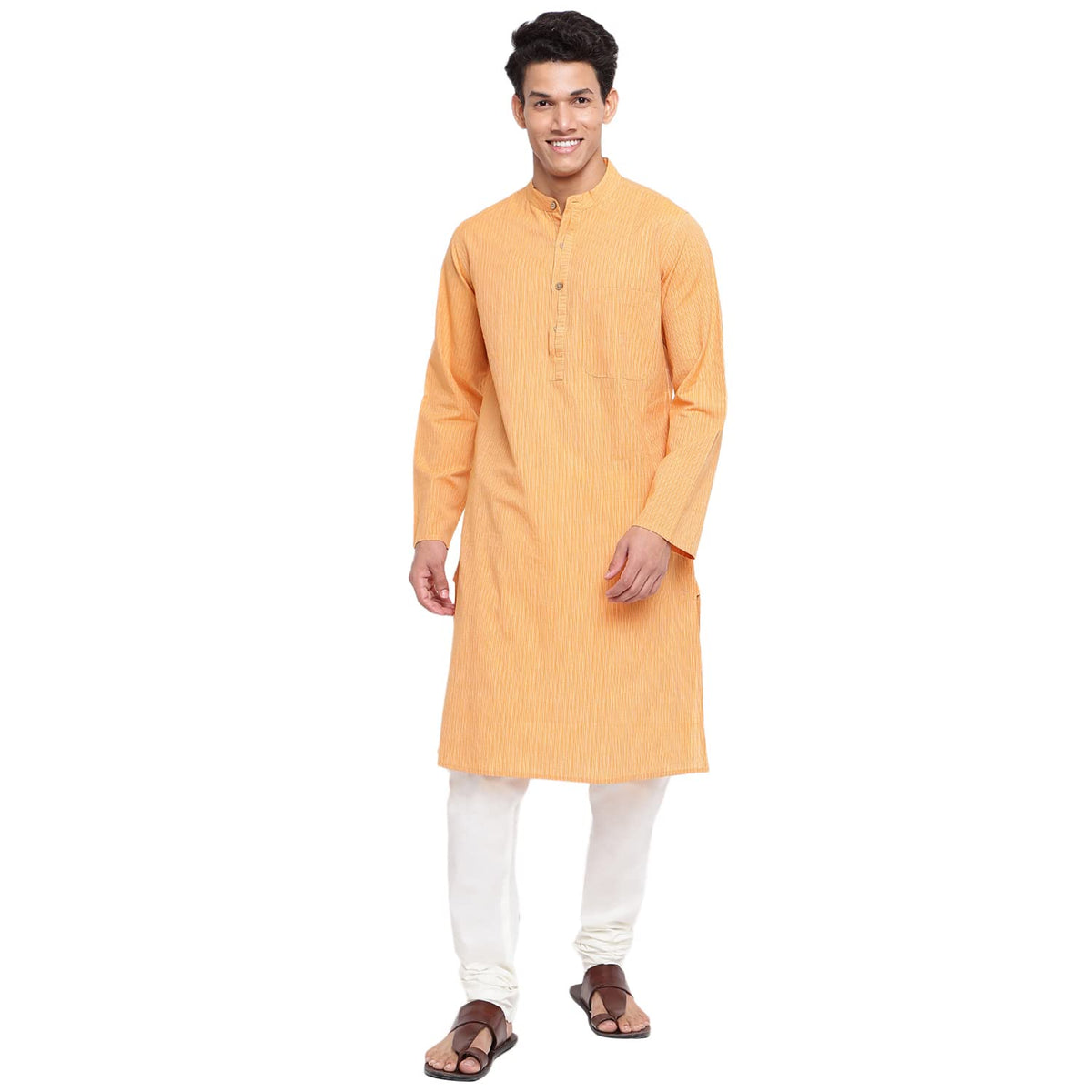 Fabindia Men Striped Long Kurta Cotton_Xs Orange