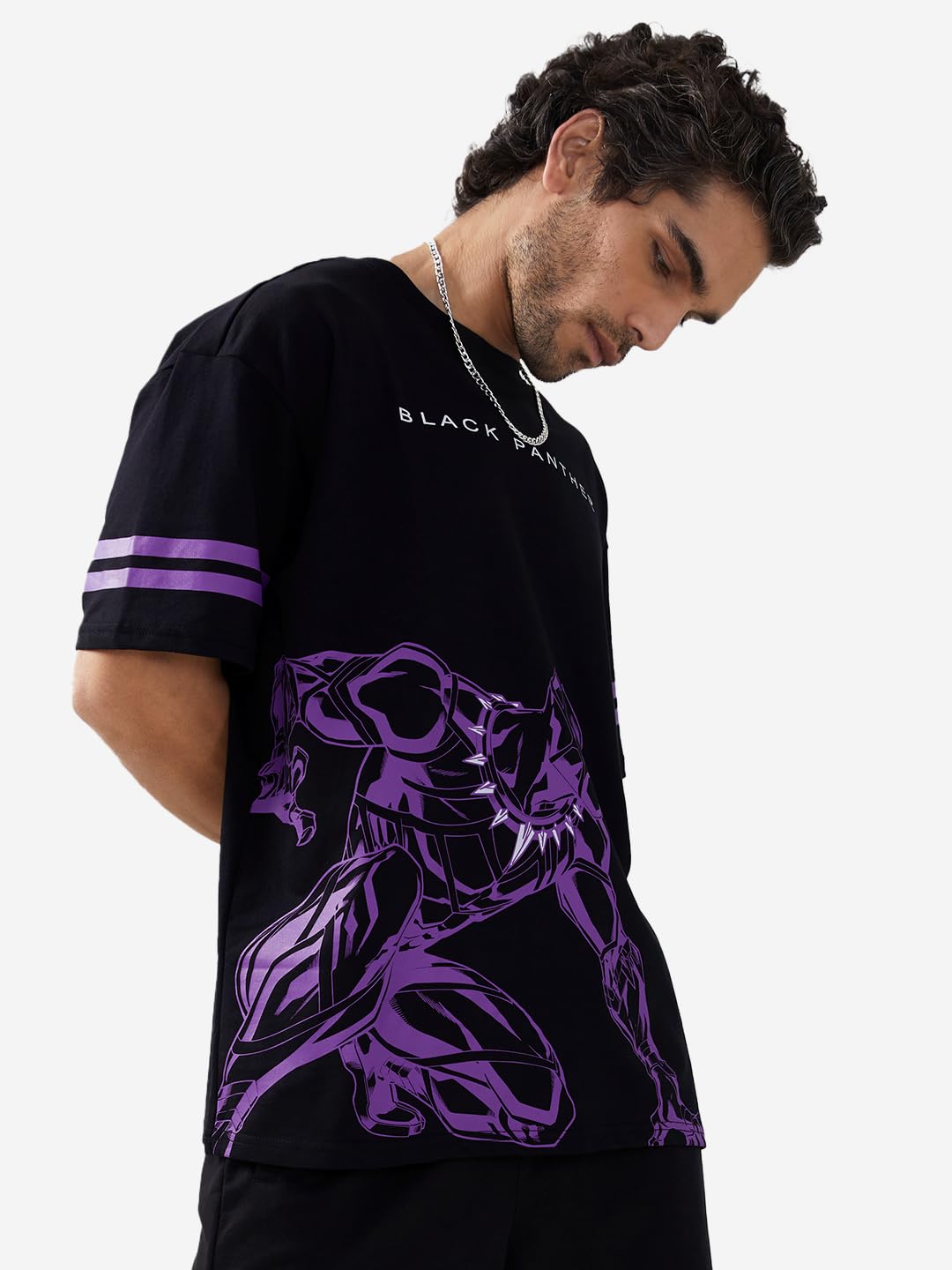 The Souled Store Mens Loose T-Shirt (190215_Black Oversized T Shirts for Men Baggy Off-Shoulder Loose Fit Relaxed Drop Shoulder
