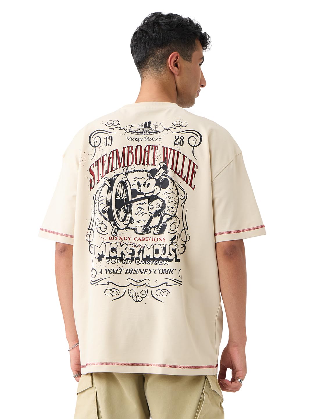 The Souled Store Mickey Mouse: Steamboat Men and Boys Short Sleeves Round Neck Beige Graphic Printed Cotton Oversized T-Shirts