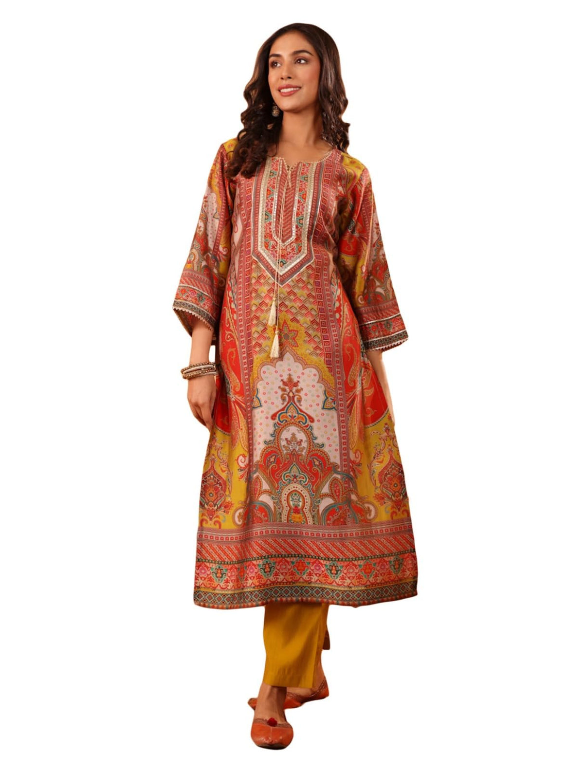 Varanga Women Olive Ethnic Floral Printed Gota Embellished Flared Sleeve Kurta With Solid Trouser Stylish Ethnic Set