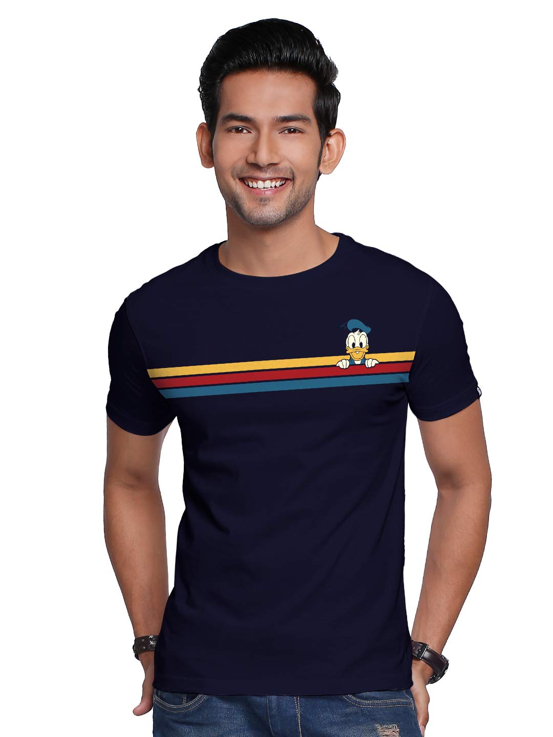 The Souled Store Donald Duck: Stripes Mens and Womens Graphic Printed Cotton T-Shirt Blue T-Shirts Fashionable Trendy Graphic Pr