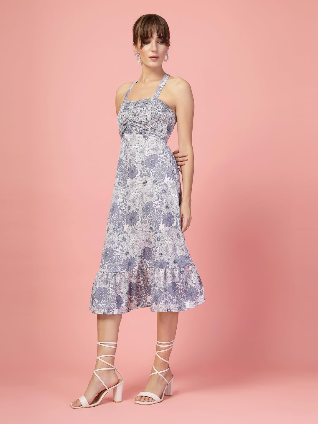 Oomph! WomenS Western & Fusion Wear Printed Crepe Dress For Women, Smocked Bodice, Blue - Md1059