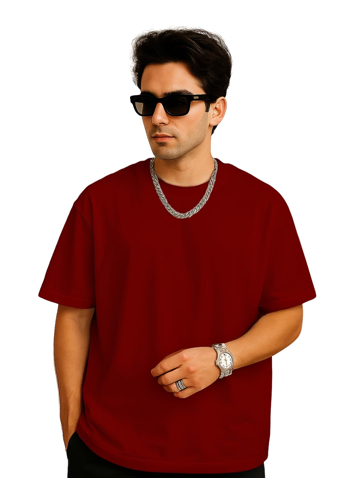 Veirdomaroon Oversized Baggy Fit Drop Shoulder Short Sleeve Round Neck Solid Cotton T-Shirt