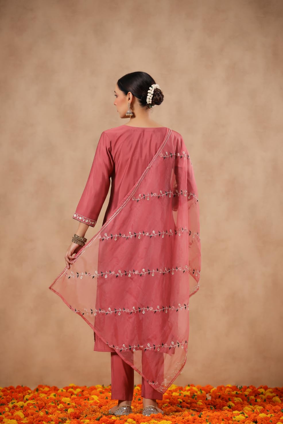 ishin Women's Poly Silk Ethnic Motifs Embroidered Peach Straight Kurta Suit Set with Trousers and Dupatta