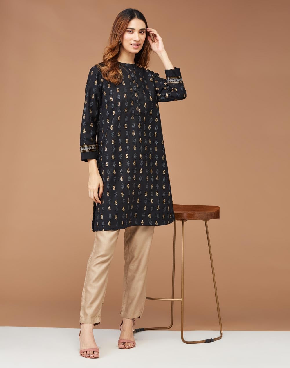 Fabindia Women's Wool Printed Regular Kurta (1034617BLACK_Black