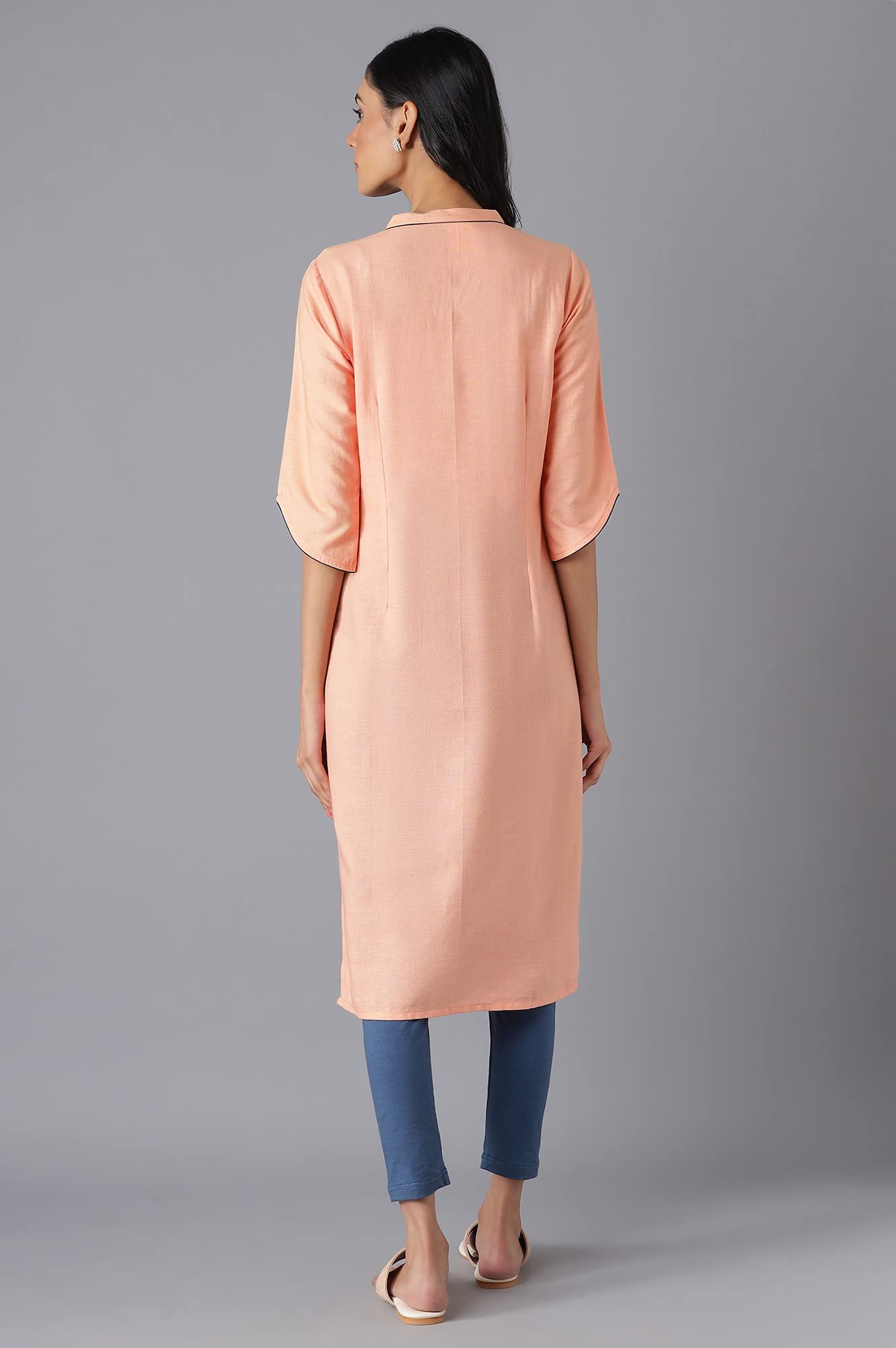 Aurelia Solid Band with V Cotton Blend Womens Knee Length Kurta (S22FEA12937B-P)