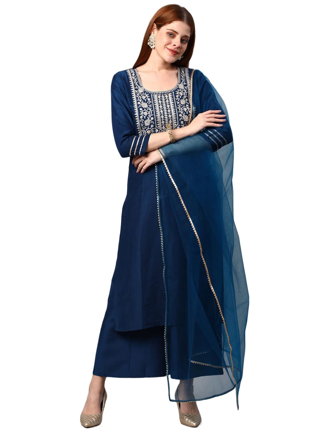 ANNI DESIGNER Womens Cotton Blend Solid Straight Kurta with Palazzos & Dupatta (DHARAN-Cerosin_XXL_Dark Blue_XX-Large)