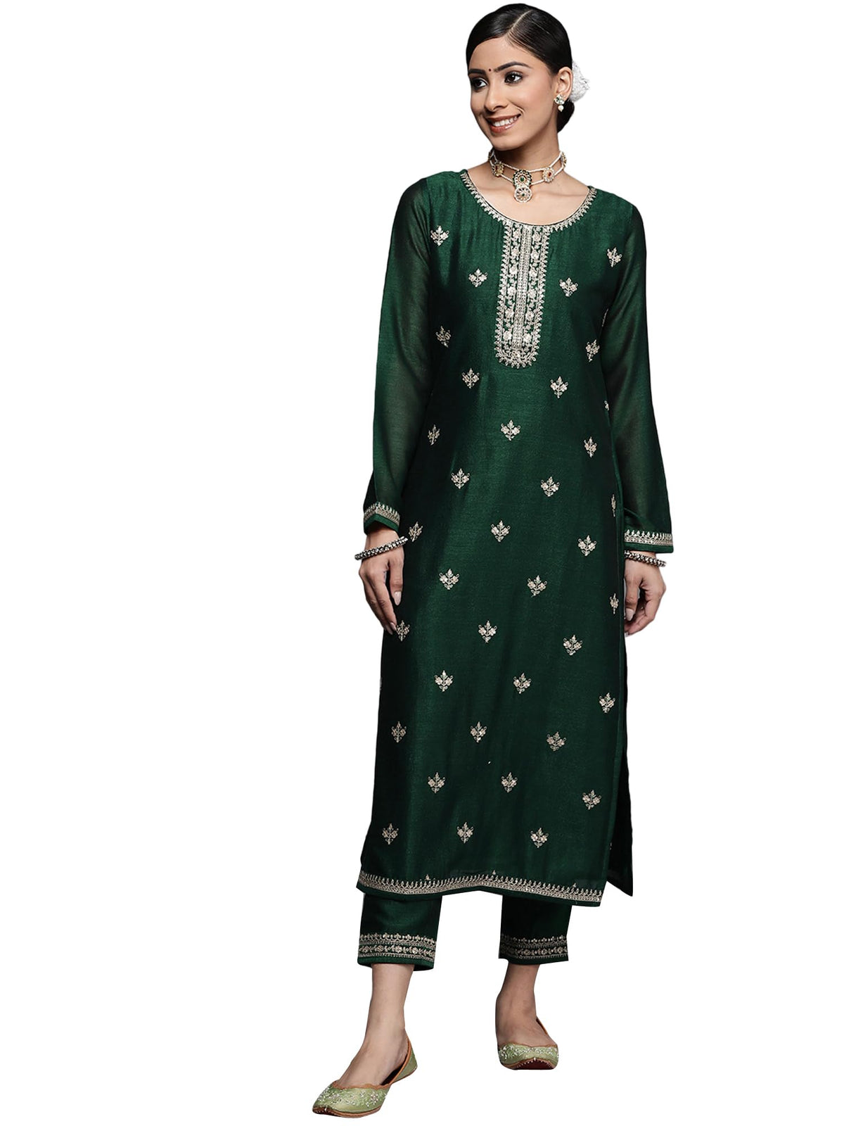 Libas WomenS Silk Yoke Design Straight Kurta (23515O_Green