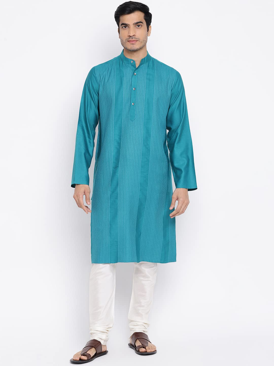 Fabindia Men Viscose Silk Slim Fit Embroidered Long Kurta Teal_S