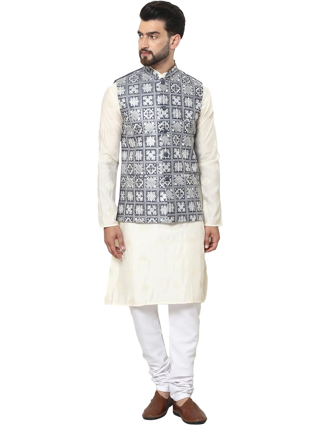 SOJANYA (Since 1958 Men's Cotton Silk Embroidered Cream Kurta and White Pyjama with Grey Nehru Jacket