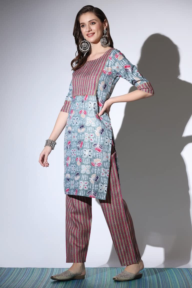 Om Sai Latest Creation Kurta For Women | Cotton Stitched Lace Detailing Floral Hand Block Print Straight Kurta For Ladies | Prin