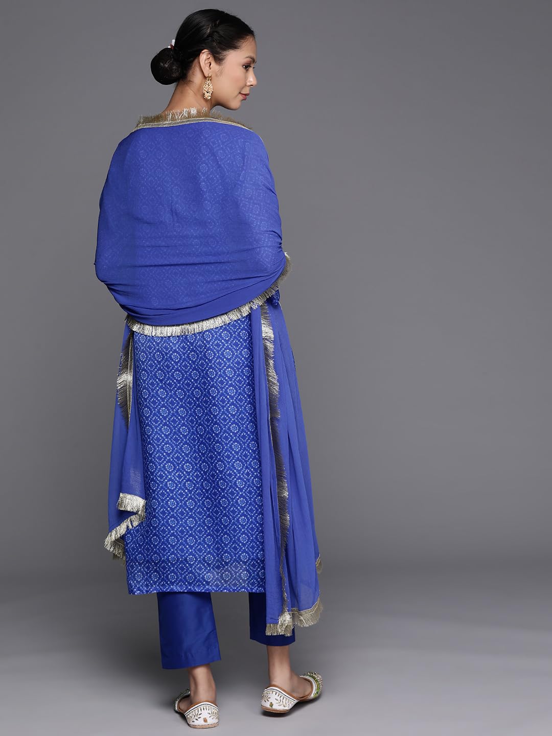 Varanga Blue Bandhani Printed, Gota Pati Embroidered Yoke Straight Kurta Paired With Tonal Bottom And Dupatta