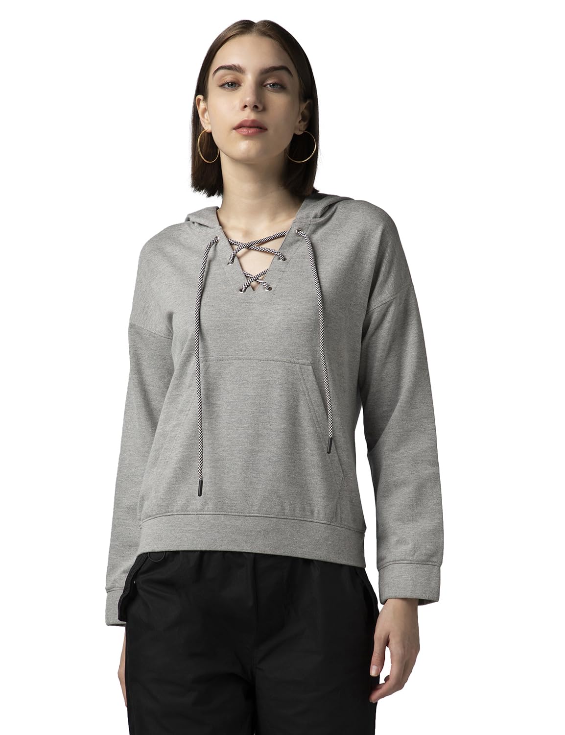FYLTR Womens Drop Shoulder Hoodie with Lace Up Neck Detailing & Contrast Drawcord