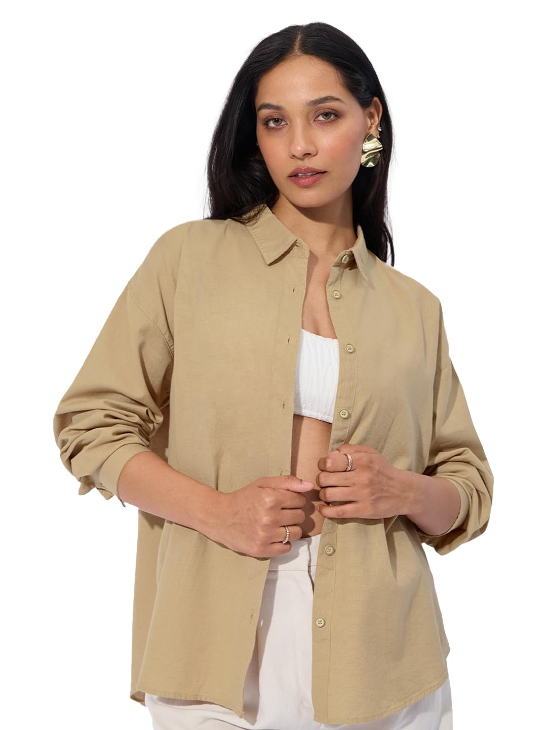 The Souled Store Cotton Linen Shirt: Almondine Women and Girls Long Sleeves Collared Neck Button Front Solid Cotton Linen Boyfri