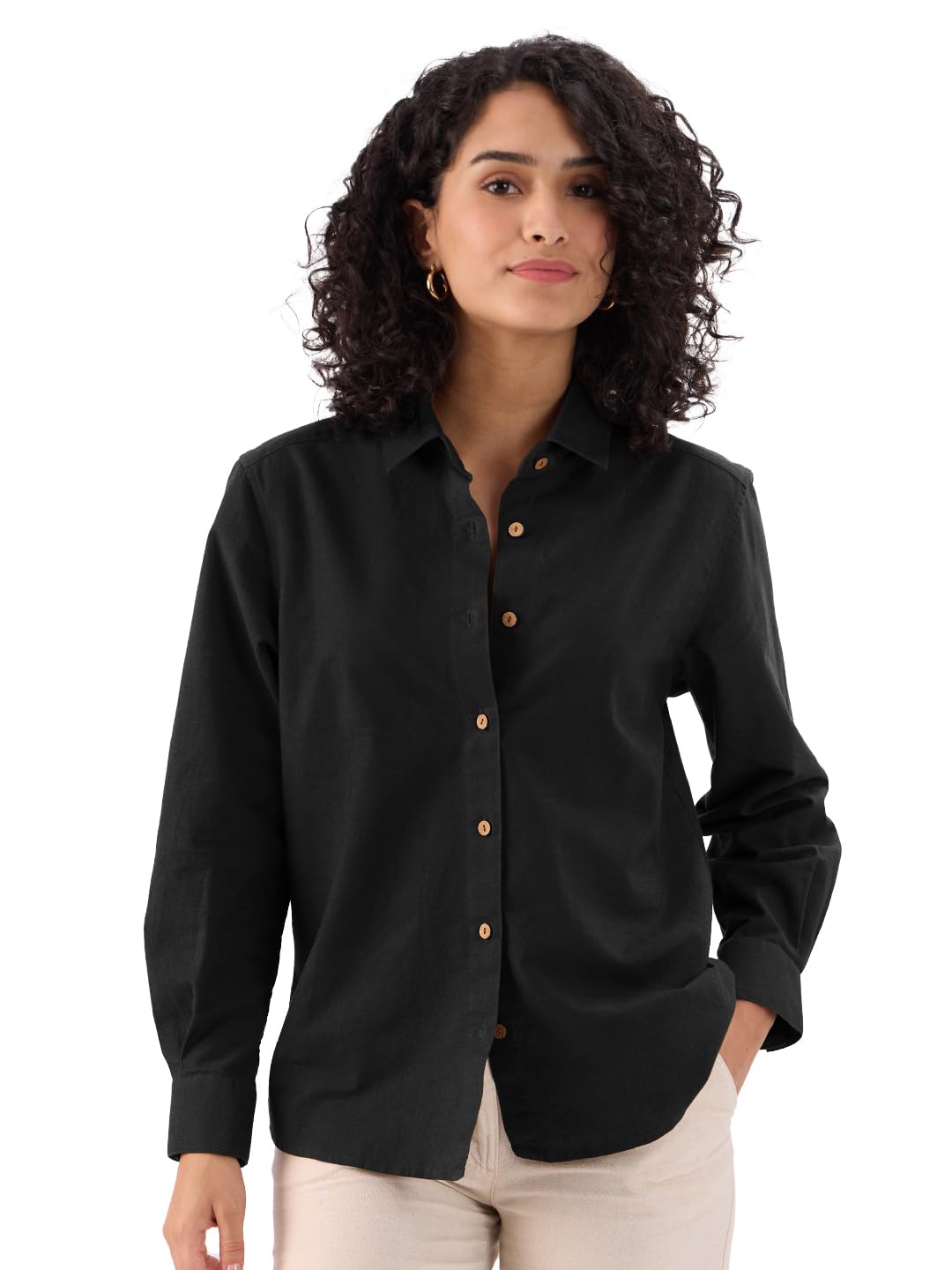 The Souled Store Black: Women & Girls Long Sleeve Collared Neck Button Down Regular Fit Cotton Linen Shirts