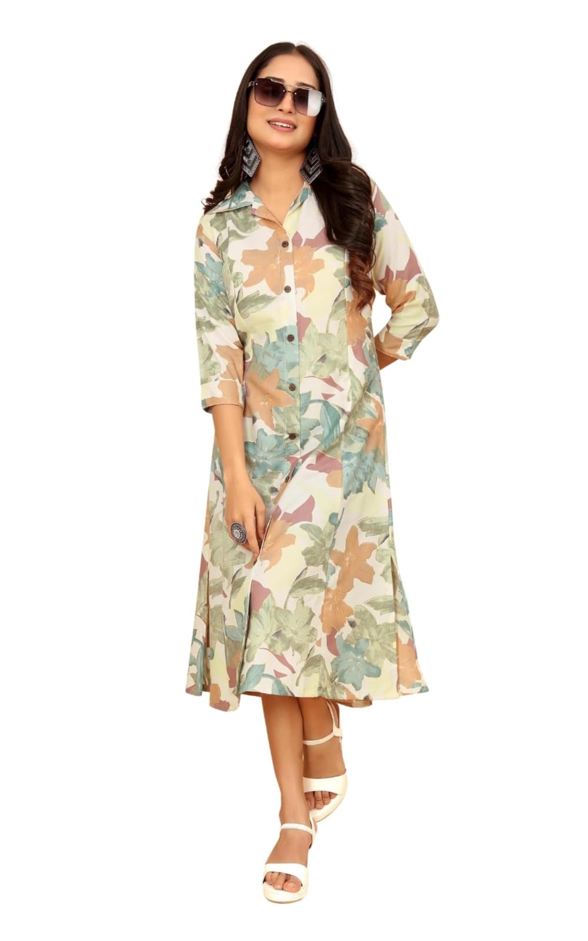 Kesudi A Line Dresses For Women Western Latest - Rayon Floral One Piece Dress For Women Long | Stylish Flared Shirt Knee Length