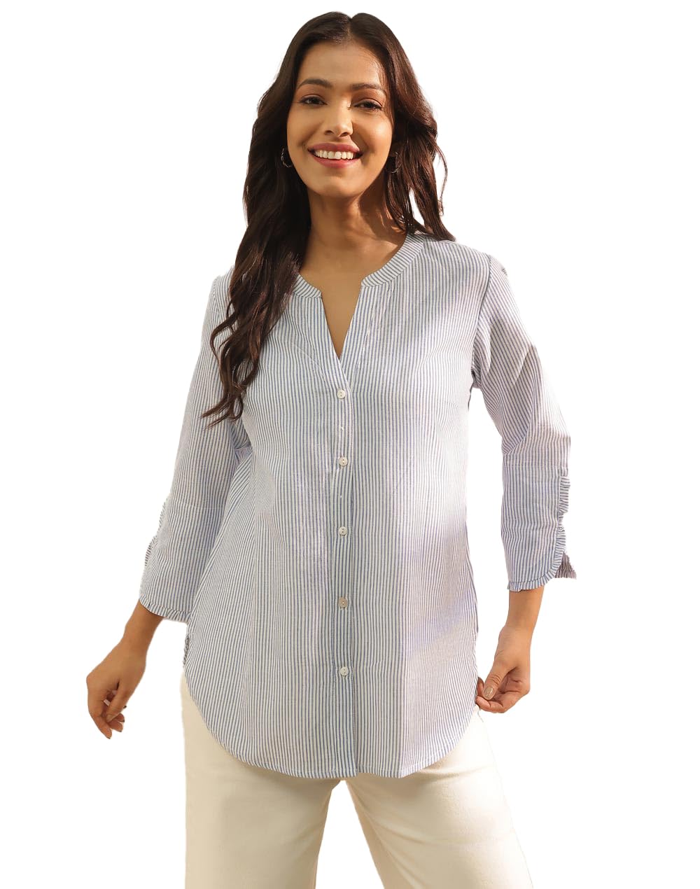 Fabindia White Cotton Striped Shirts