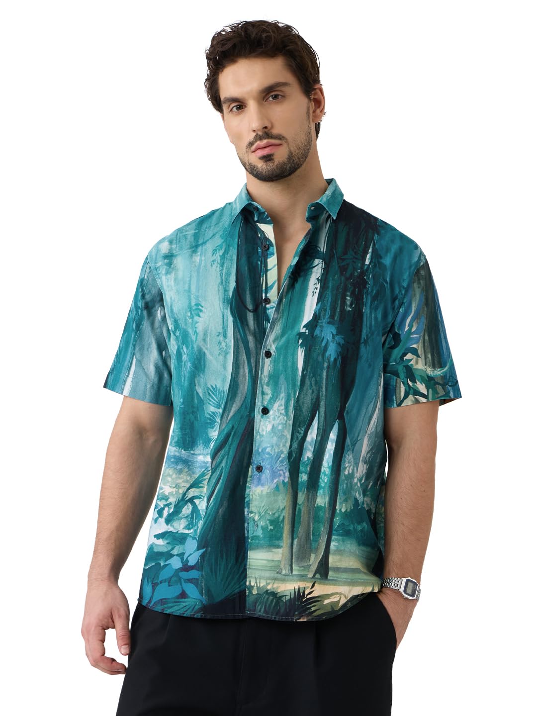 The Souled Store Jungle Book: Into The Wild Men and Boys Short Sleeves Collared Neck Button Front Blue Printed Cotton Blend Regu