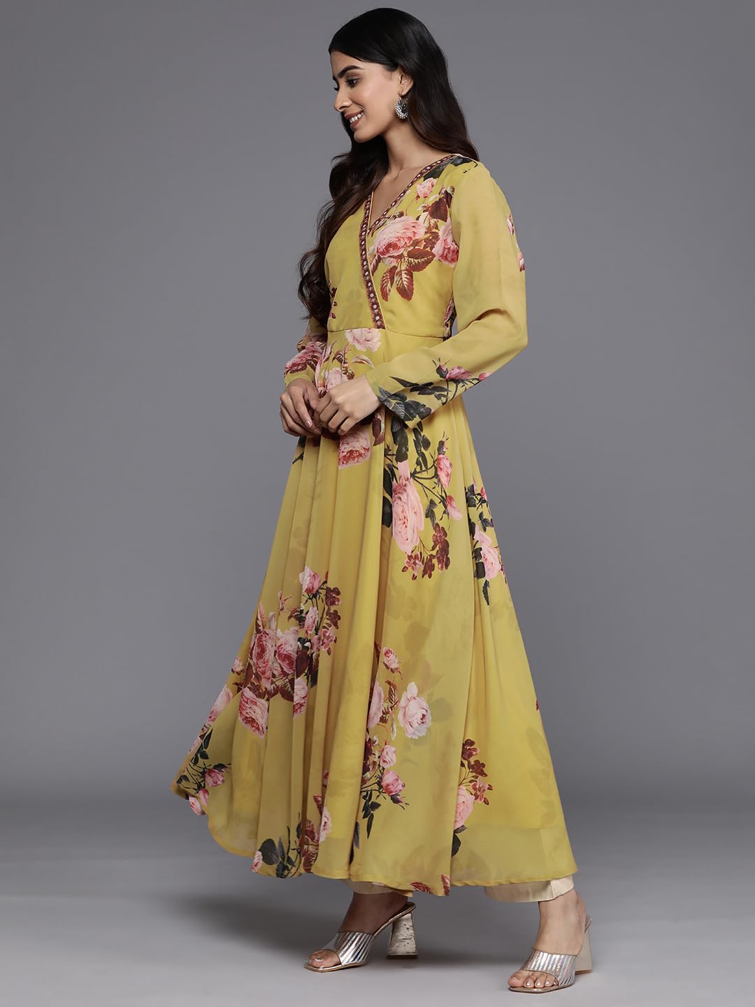VARANGA Women Mustard Floral Printed V-Neck Angrakha Style A-Line Kurta with Regular Full Sleeves