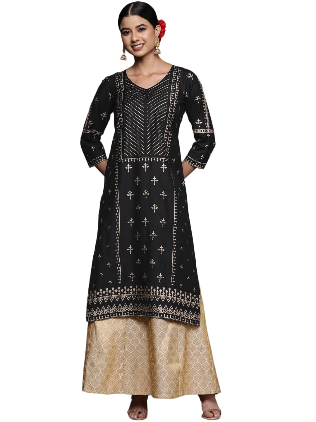 Libas WomenS Silk Printed Straight Kurta (24031O_Black