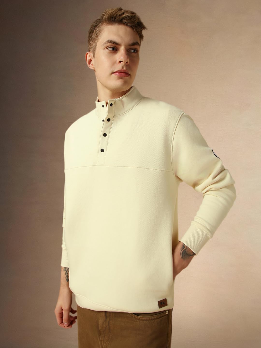 Dennis Lingo Men Off White Relaxed Fit Full Sleeve Mock Collar Sweatshirt.