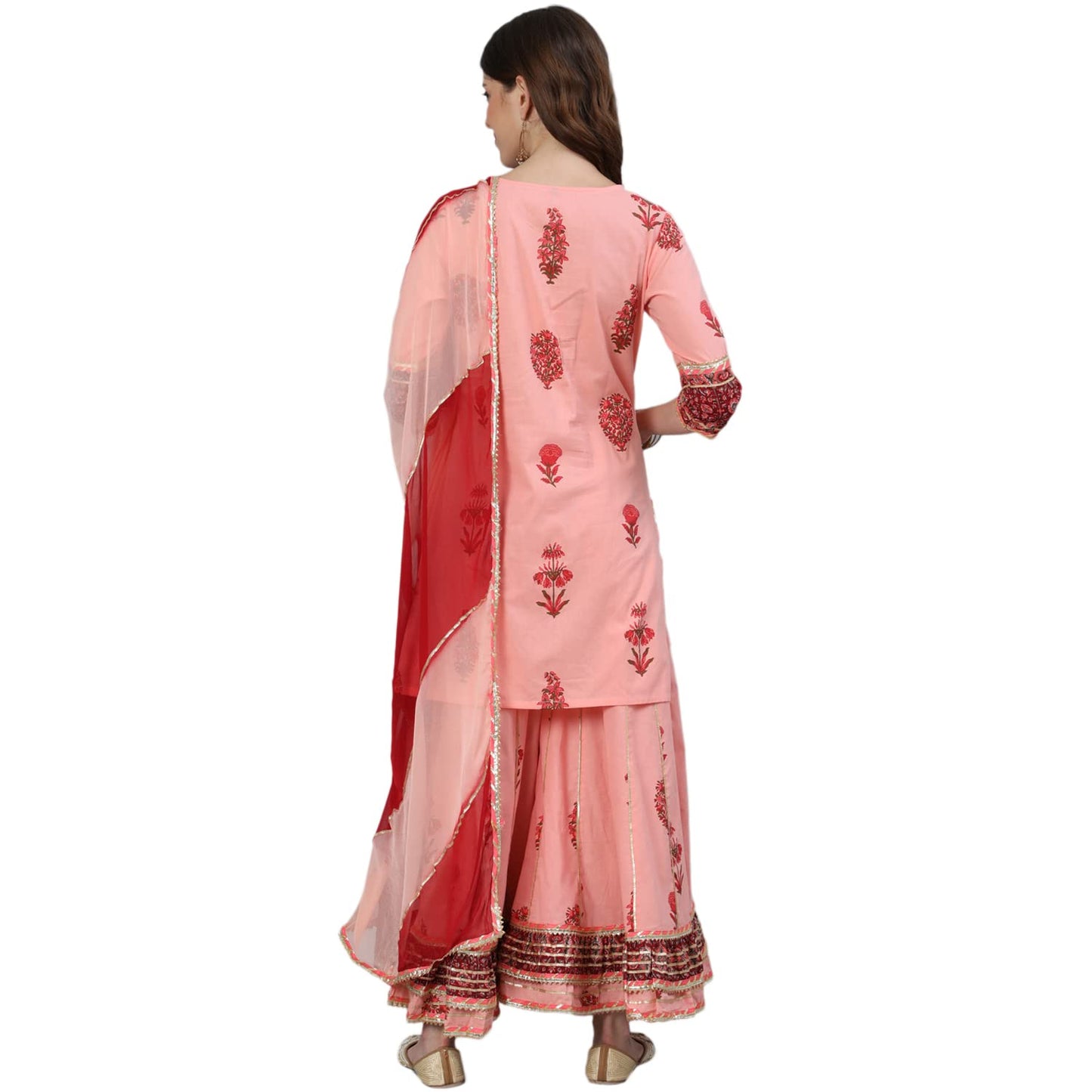 ishin Women's Peach Embroidered A-Line Short Kurta Set with Sharara and Dupatta