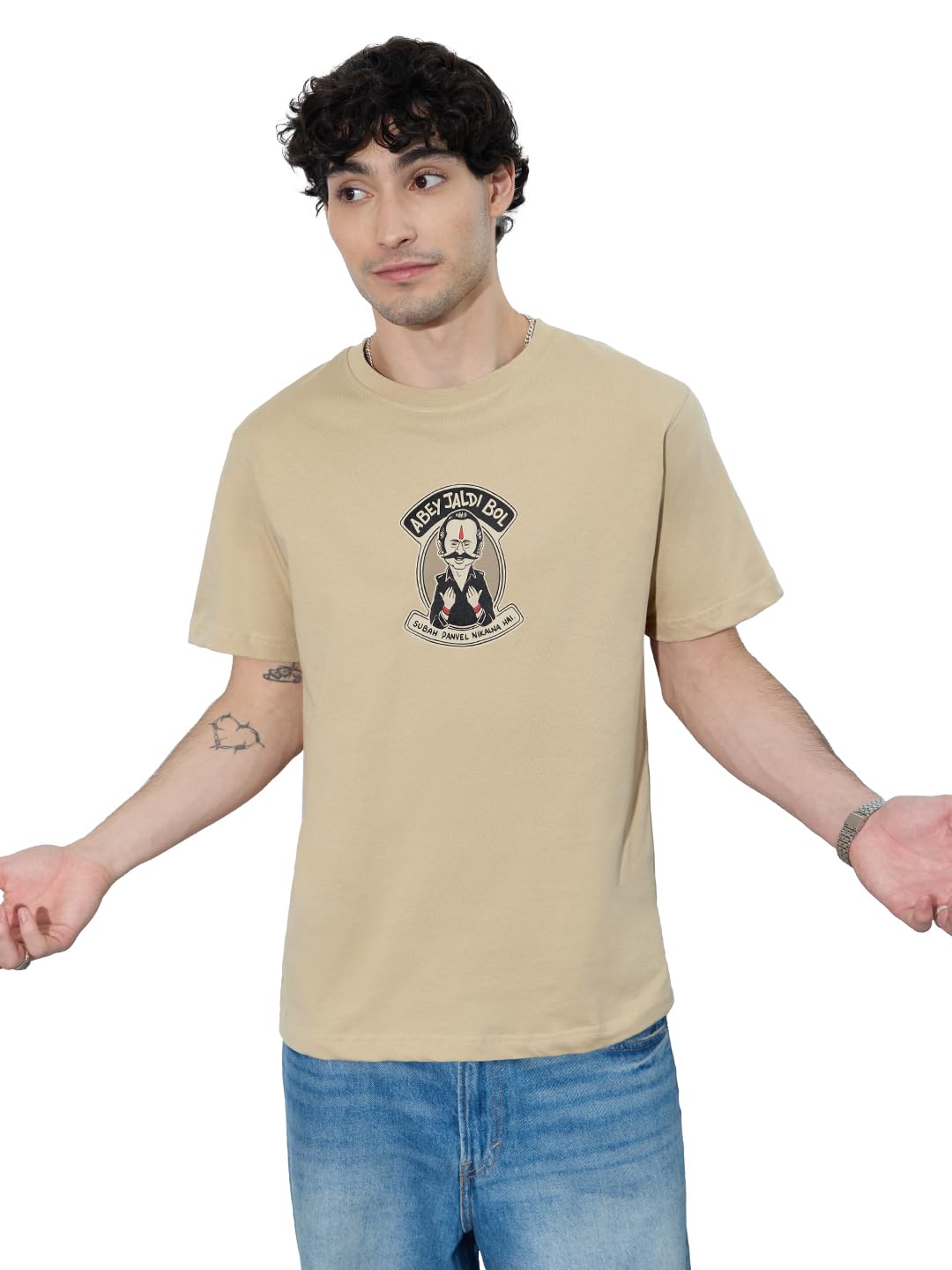 The Souled Store Golmaal 3: Vasooli Bhai Men and Boys Short Sleeves Round Neck Beige Graphic Printed Cotton Relaxed Fit T-Shirts