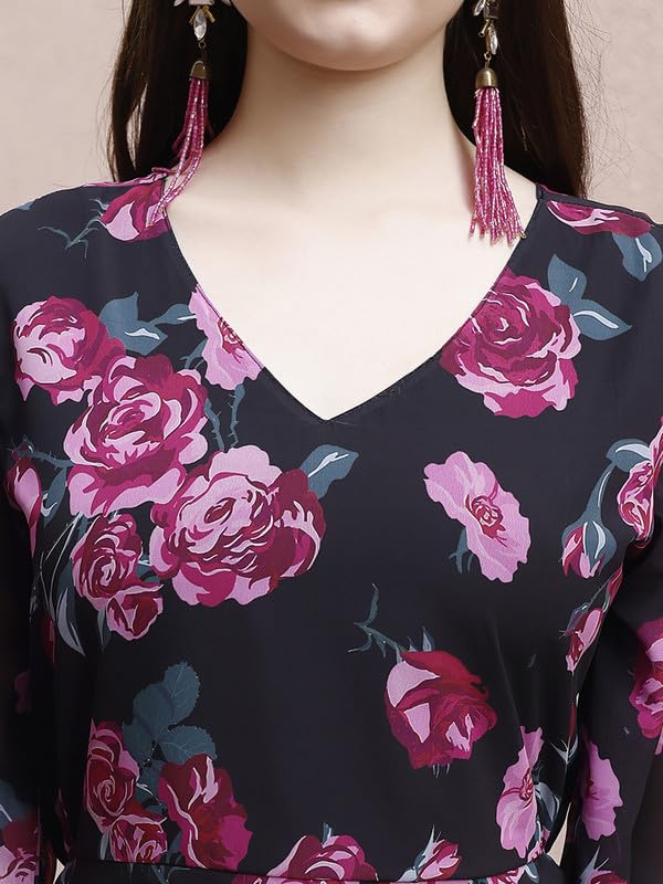 Smowkly WomenS Georgette Floral Printed Indo-Western Ethnic Gown || Half Sleeve V Neck Fit & Flare Flared Hem Design || A-Line