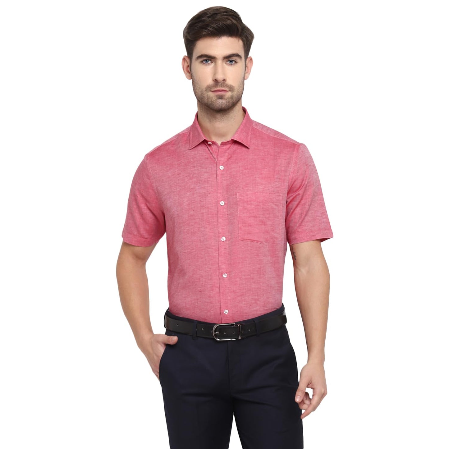 Turtle Men Cotton Linen Regular Fit Half Sleeve Light Pink Formal Shirt