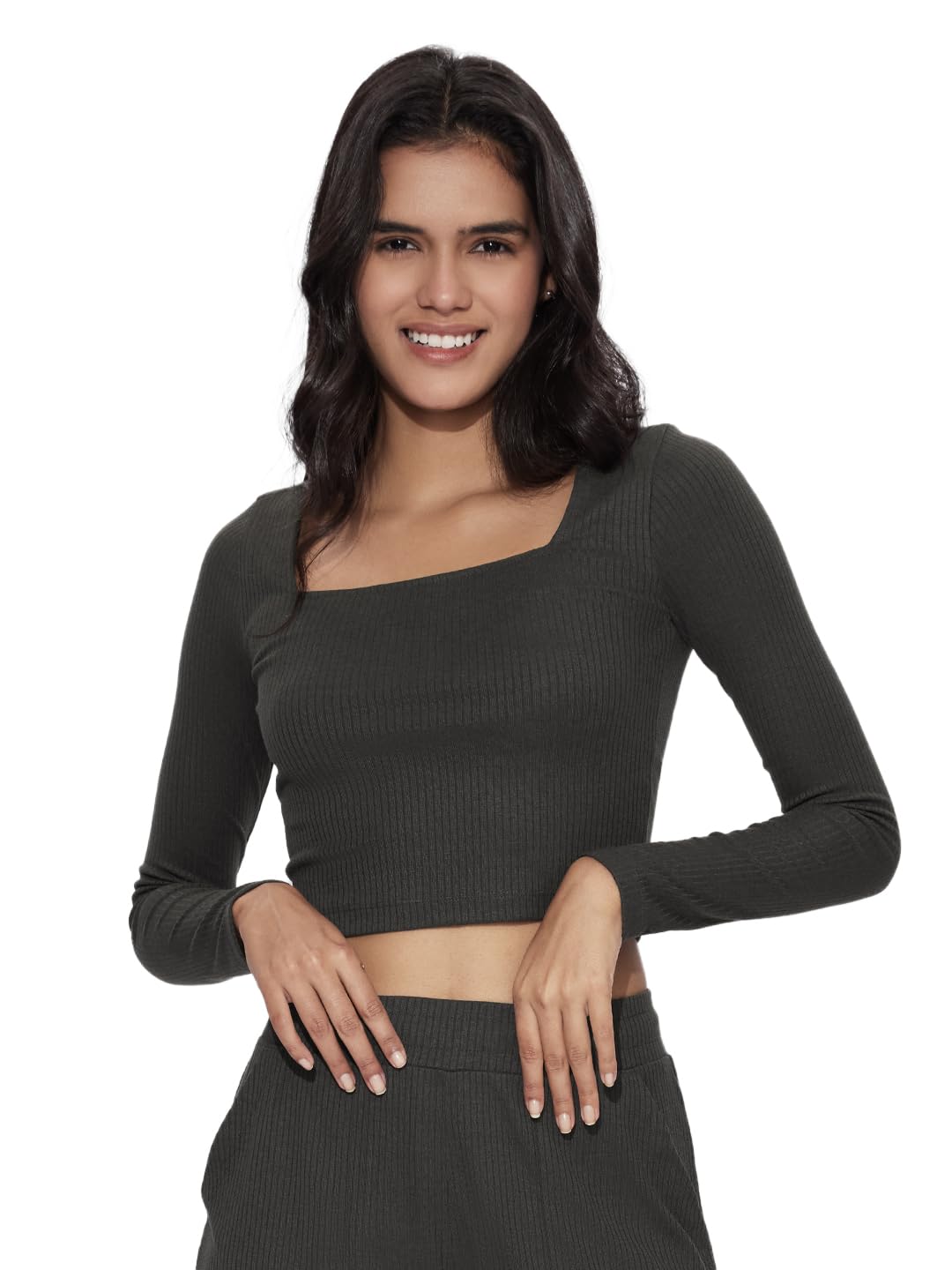 The Souled Store Solids: Charcoal Women and Girls Square Neck Regular Fit Polyester Blend Full Sleeves Tops
