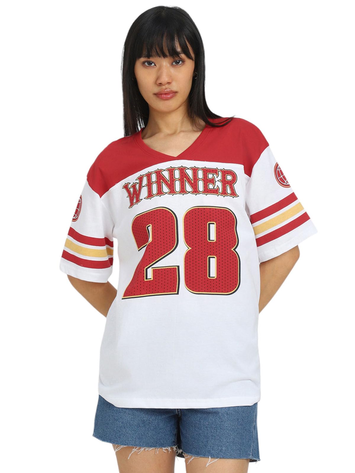 Juneberry Oversized Loose Fit Drop Shoulder Printed Sports Jersey T-Shirt For Women/Girls Red