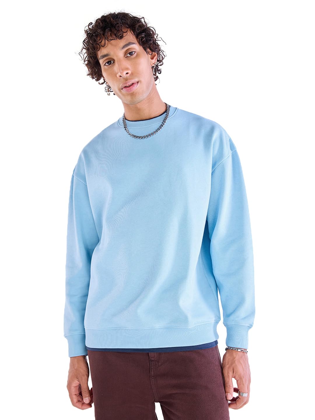Bewakoof Heavy Duty 1.0 Mens Solid Oversized Fit Full Sleeve Round Neck Fleece Blend Sweatshirt_644602_Blue_XL