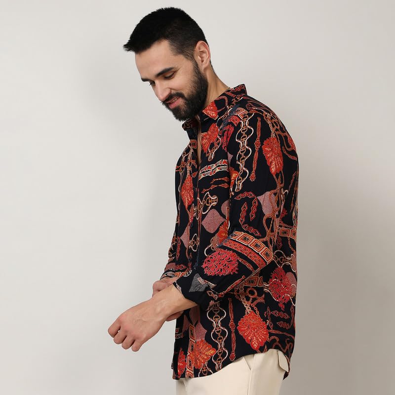 Campus Sutra Mens Crimson Red & Navy Blue Artistic Block Shirt for Casual Wear | Spread Collar | Long Sleeve | Button Closure |