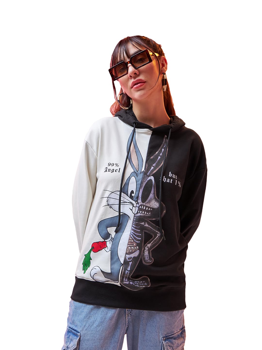 Bewakoof Official Looney Tunes Merchandise WomenS Color Block Oversized Hoodies_601626_Pink_2Xl